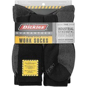 Dickies Genuine Mens 5-Pair Crew Work Socks, 5 Pair Black W/ Grey, 10-13 Sock/6-